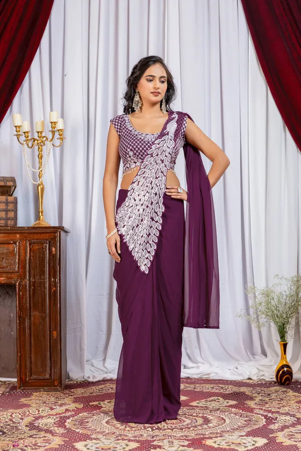 WINE_TRENDING_READY_TO_WEAR_SAREE_WITH_FULLY_EMBROIDERED_STYLIST_BLOUSE