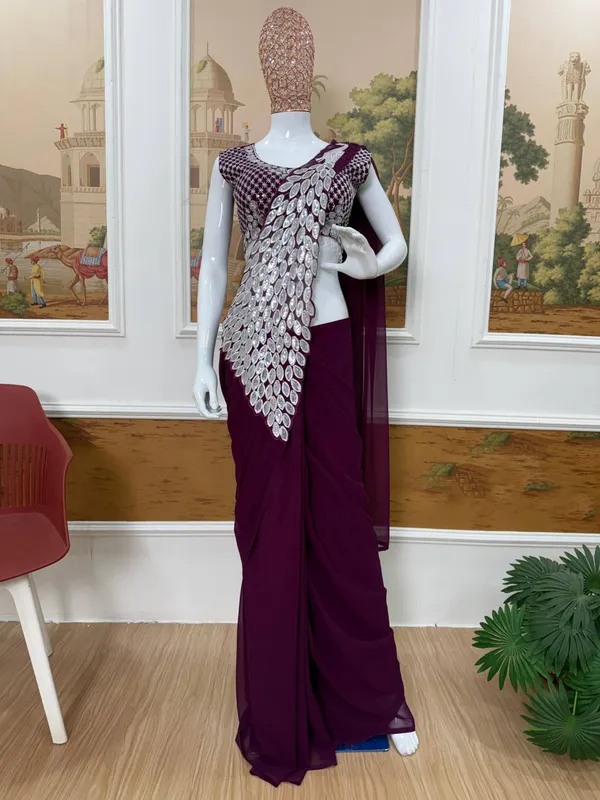 WINE_TRENDING_READY_TO_WEAR_SAREE_WITH_FULLY_EMBROIDERED_STYLIST_BLOUSE
