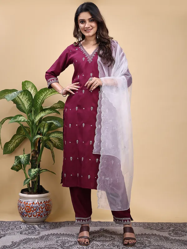 WINE_Trendy_Straight_Kurta_Pant_Set_with_Designer_Dupatta
