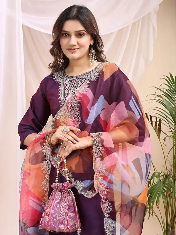 Wine_Art_Silk_Embroidered_Kurti_Pant_Dupatta_Set_For_Women