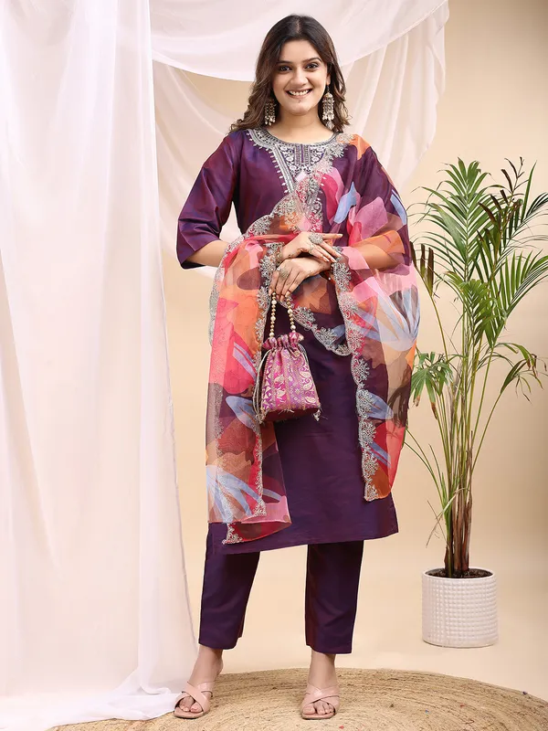 Wine_Art_Silk_Embroidered_Kurti_Pant_Dupatta_Set_For_Women