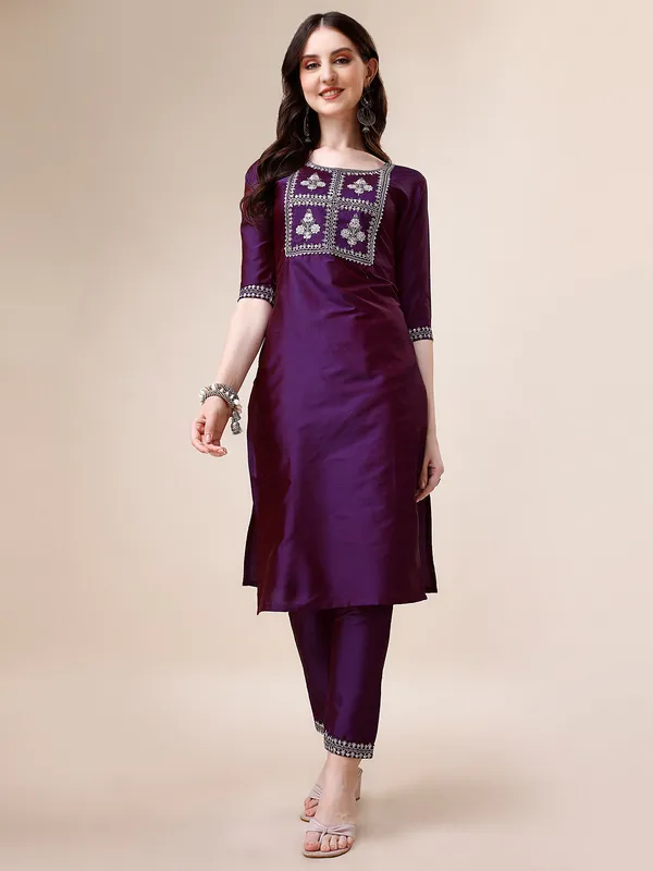 Wine_Elegant_Embroidered_Kurta_Set_with_Straight_Pants