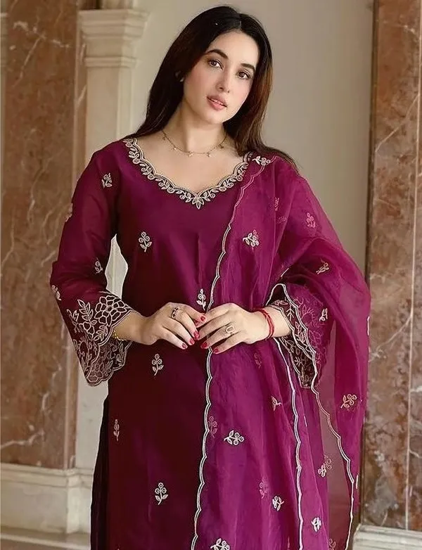 Wine_Embroidered_Kurta_Set_with_Matching_Pant_and_Dupatta