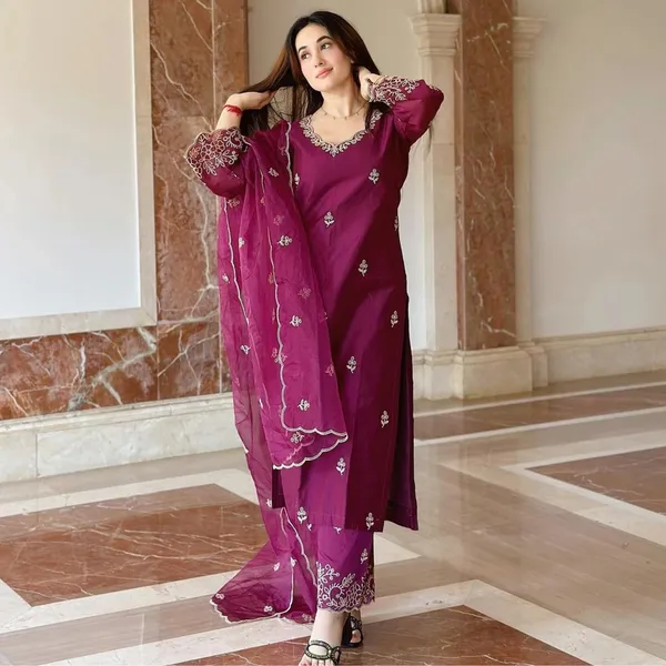 Wine_Embroidered_Kurta_Set_with_Matching_Pant_and_Dupatta