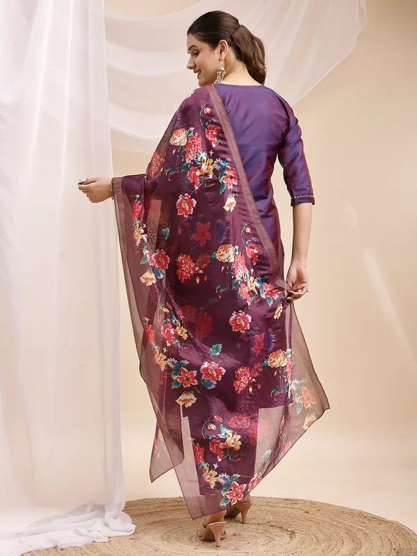 Wine_Embroidered_Straight_Kurta_Set_with_Floral_Printed_Dupatta