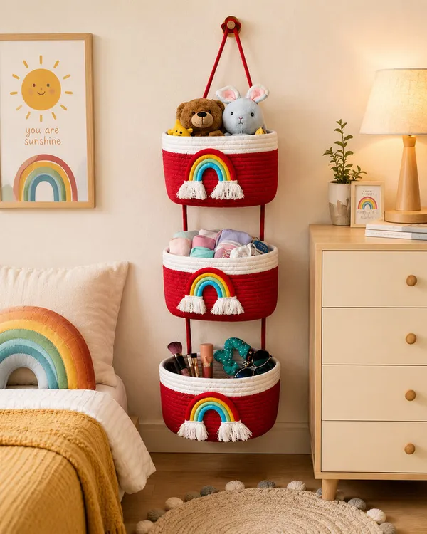 3-Tier_Wall_Mount_Storage_with_Rainbow_Tassel_Design_|_Kids_Room,_Nursery,_Bathroom_Décor_|_Red