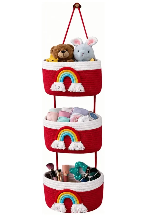 3-Tier_Wall_Mount_Storage_with_Rainbow_Tassel_Design_|_Kids_Room,_Nursery,_Bathroom_Décor_|_Red