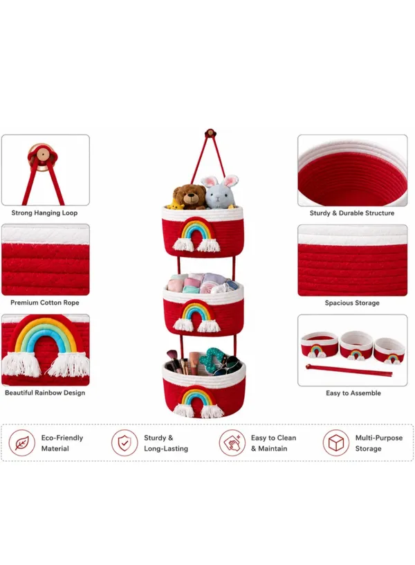 3-Tier_Wall_Mount_Storage_with_Rainbow_Tassel_Design_|_Kids_Room,_Nursery,_Bathroom_Décor_|_Red