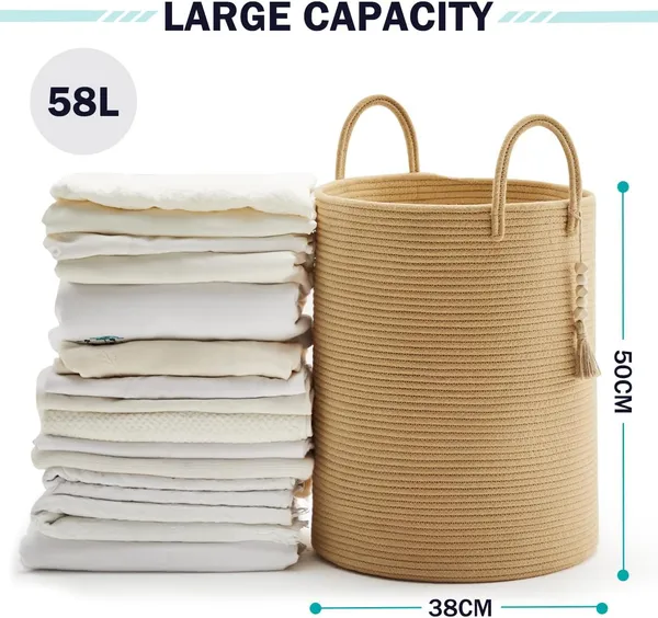 58_L_Large_Braided_Laundry_Basket,_Toy_Storage_Basket_with_Handle,_Handmade_Cotton_(Pure_Brown,_38_cm_(D)_x_50_cm_(H))