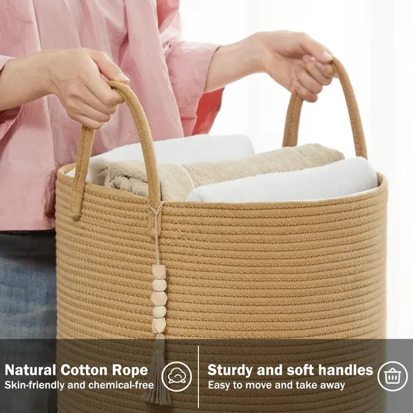 58_L_Large_Braided_Laundry_Basket,_Toy_Storage_Basket_with_Handle,_Handmade_Cotton_(Pure_Brown,_38_cm_(D)_x_50_cm_(H))