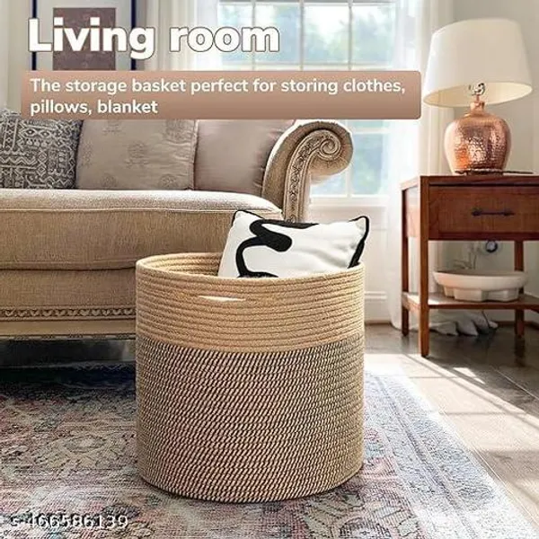 Beige_Bharat_Fabtex_Large_Jute_Cotton_Basket_14X14X14_Inch_Baby_Laundry_Basket_Woven_Blanket_Basket_Nursery_Bin_Jute_Storage_Organiser