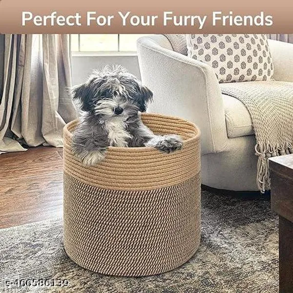 Beige_Bharat_Fabtex_Large_Jute_Cotton_Basket_14X14X14_Inch_Baby_Laundry_Basket_Woven_Blanket_Basket_Nursery_Bin_Jute_Storage_Organiser