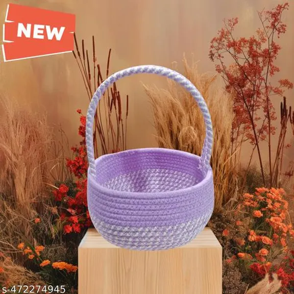 Purple_Decorative_Cotton_Rope_Storage_Pooja_Basket_With_Handle_Round_Woven_Design