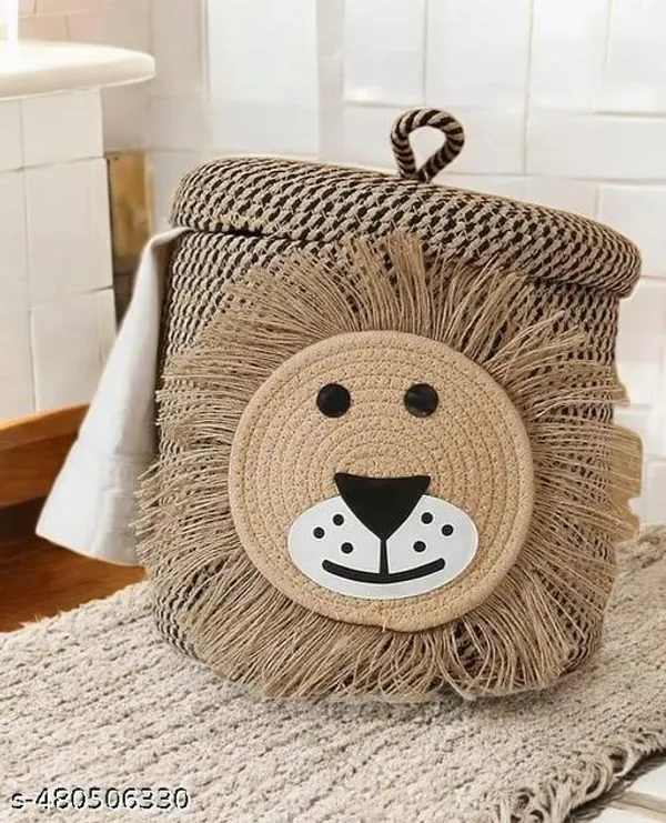 Tanned_Brown_Cute_Lion_Basket_Multipurpose_Jute_Laundry_Organiser_For_Kids