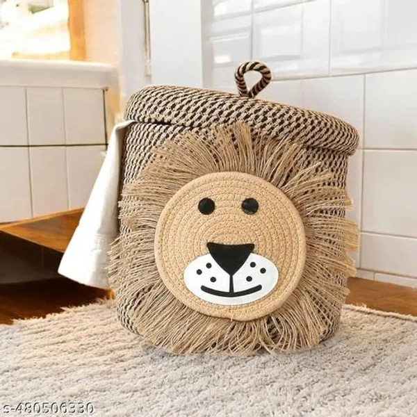 Tanned_Brown_Cute_Lion_Basket_Multipurpose_Jute_Laundry_Organiser_For_Kids