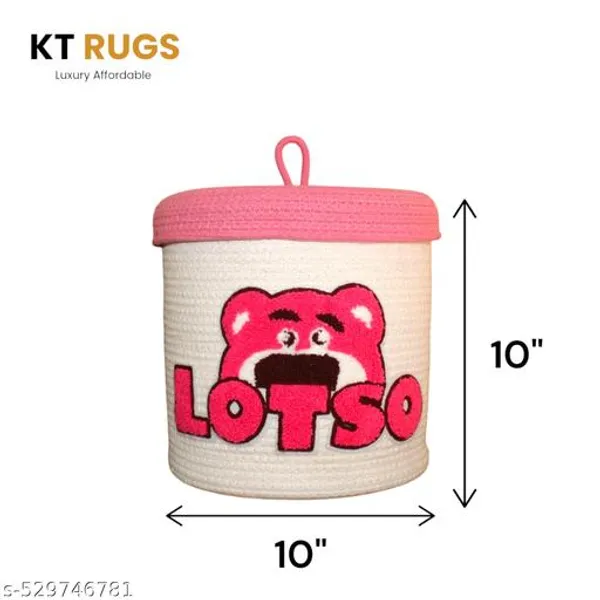 White_And_Pink_Bff_Cute_Animal_Face_Cotton_Rope_Basket_Eco_Friendly_Multipurpose_Storage_Mustard_Matka_Design_(8_X8_)