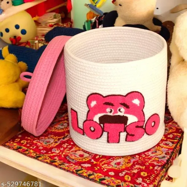 White_And_Pink_Bff_Cute_Animal_Face_Cotton_Rope_Basket_Eco_Friendly_Multipurpose_Storage_Mustard_Matka_Design_(8_X8_)