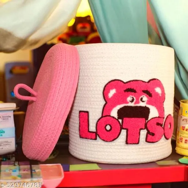 White_And_Pink_Bff_Cute_Animal_Face_Cotton_Rope_Basket_Eco_Friendly_Multipurpose_Storage_Mustard_Matka_Design_(8_X8_)