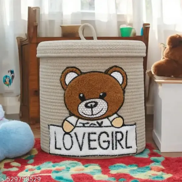 Beige_Bharat_Fabtex_Cotton_Rope_Storage_Basket_With_Teddy_Bear_Design_Nursery_Hamper_With_Lid_Lovegirl_Pattern