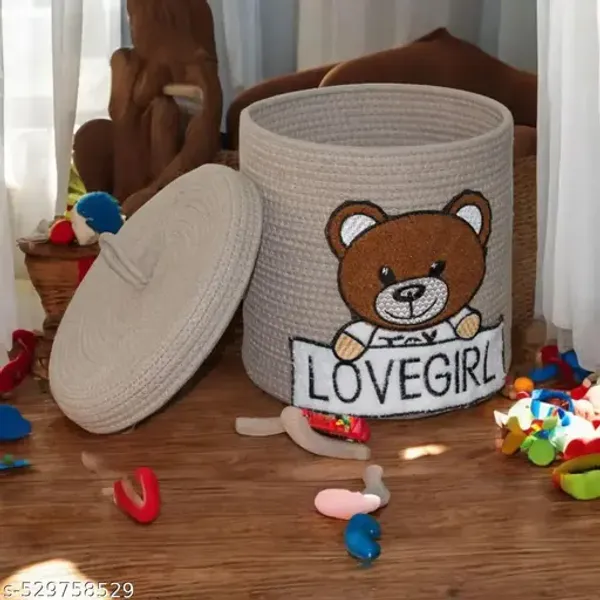 Beige_Bharat_Fabtex_Cotton_Rope_Storage_Basket_With_Teddy_Bear_Design_Nursery_Hamper_With_Lid_Lovegirl_Pattern