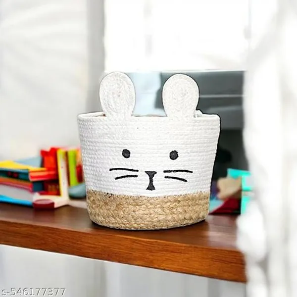 White_And_Beige_Bunny_Jute_Cotton_Basket_(7_X8_Inch)