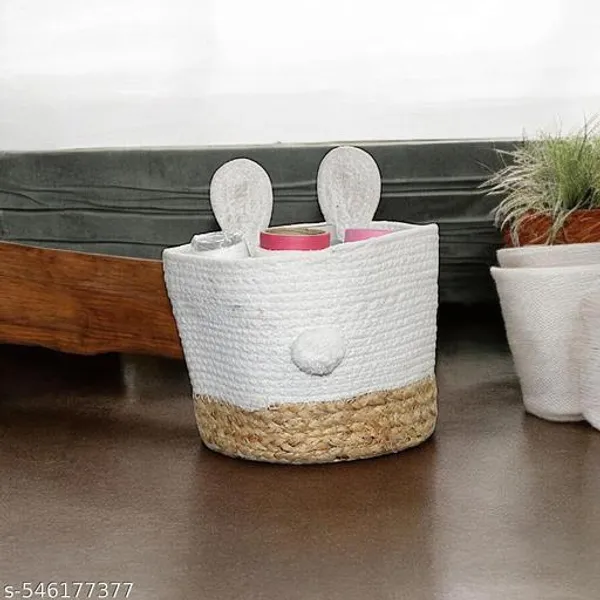White_And_Beige_Bunny_Jute_Cotton_Basket_(7_X8_Inch)