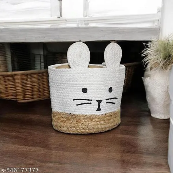 White_And_Beige_Bunny_Jute_Cotton_Basket_(7_X8_Inch)