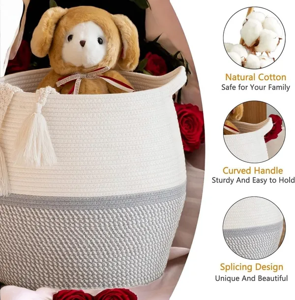 White_And_Grey_Decorative_Cotton_Rope_Storage_Basket_And_Large_Woven_Laundry_Hamper