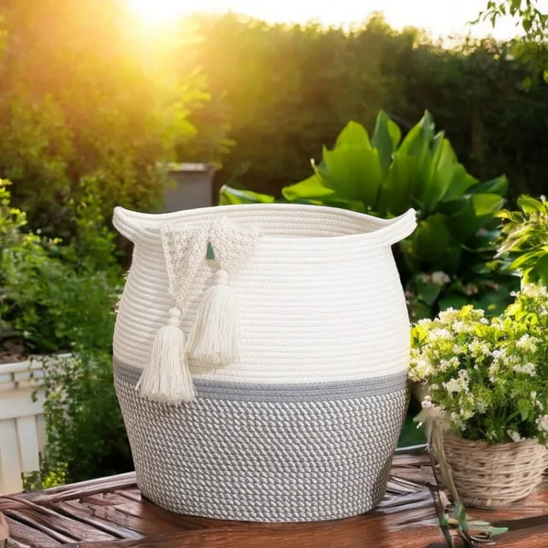 White_And_Grey_Decorative_Cotton_Rope_Storage_Basket_And_Large_Woven_Laundry_Hamper