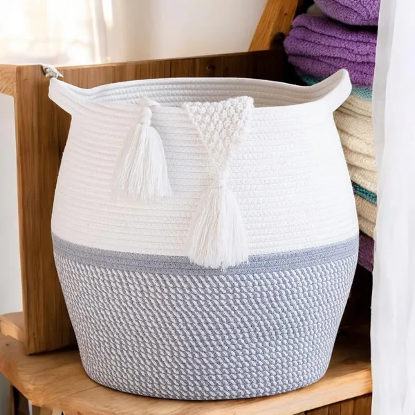 White_And_Grey_Decorative_Cotton_Rope_Storage_Basket_And_Large_Woven_Laundry_Hamper