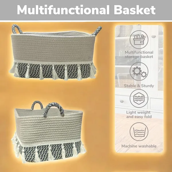 Grey_And_White_Decorative_Cotton_Storage_Basket_With_Tassels_And_Woven_Design_Rope_Handles_(12X9X7_Inch)