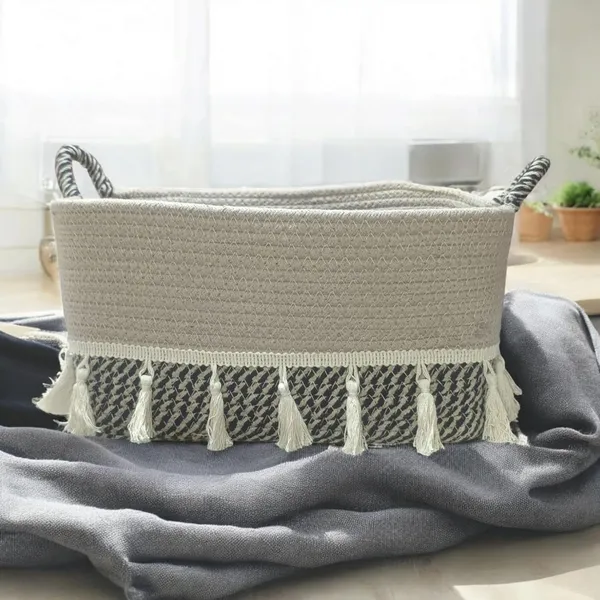 Grey_And_White_Decorative_Cotton_Storage_Basket_With_Tassels_And_Woven_Design_Rope_Handles_(12X9X7_Inch)