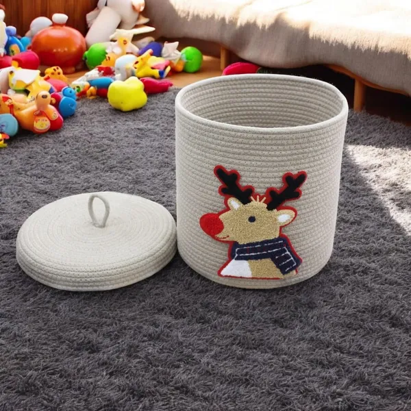 Cream_Cotton_Rope_Storage_Basket_With_Lid_Reindeer_Design_Holiday_Theme