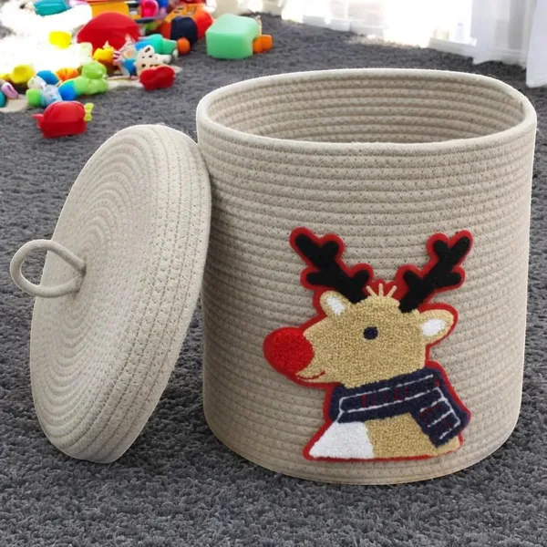 Cream_Cotton_Rope_Storage_Basket_With_Lid_Reindeer_Design_Holiday_Theme