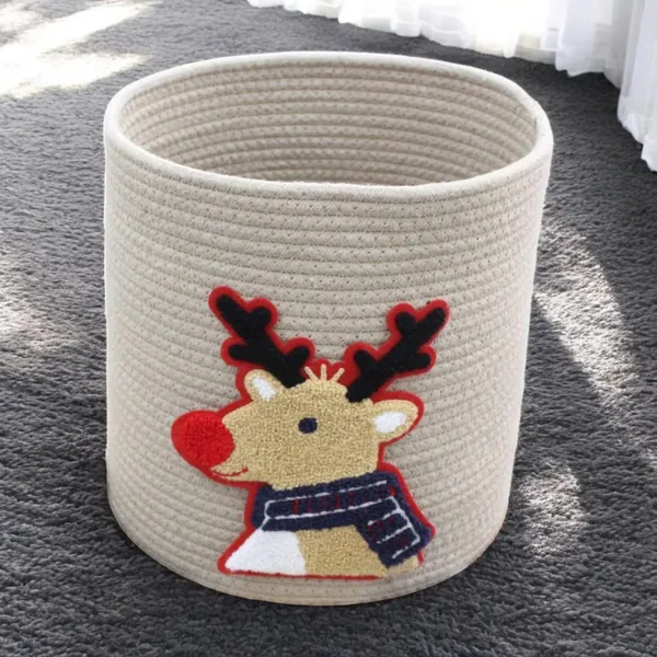 Cream_Cotton_Rope_Storage_Basket_With_Lid_Reindeer_Design_Holiday_Theme