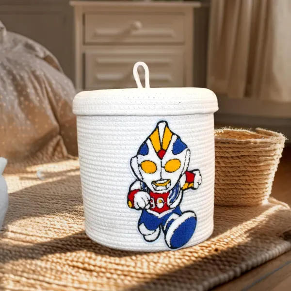 White_Cotton_Rope_Storage_Basket_With_Lid_Ultraman_Character_Design_Decorative_Container_For_Kids_Room
