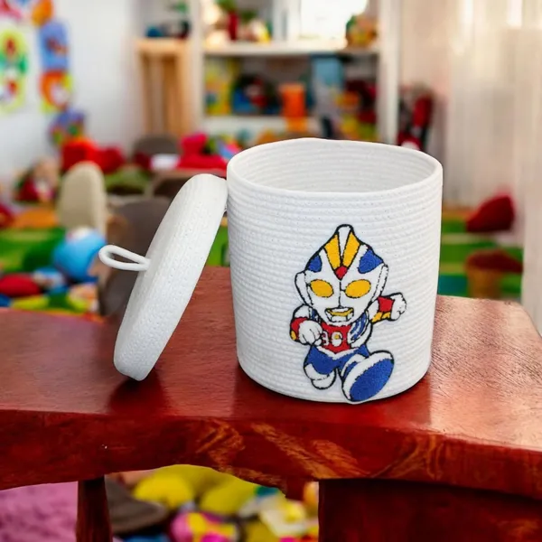 White_Cotton_Rope_Storage_Basket_With_Lid_Ultraman_Character_Design_Decorative_Container_For_Kids_Room