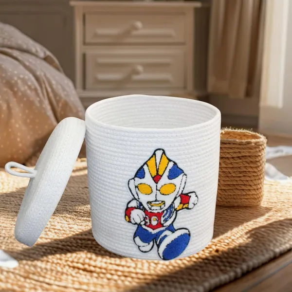 White_Cotton_Rope_Storage_Basket_With_Lid_Ultraman_Character_Design_Decorative_Container_For_Kids_Room