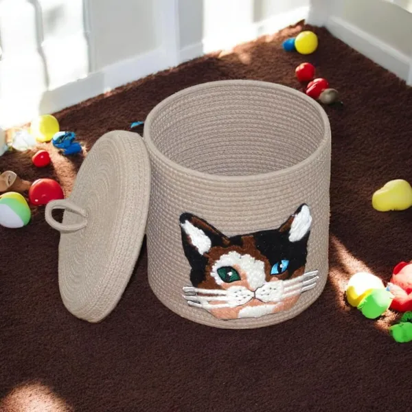 Beige_Cotton_Rope_Storage_Basket_With_Cat_Face_Design_Decorative_Lidded_Container