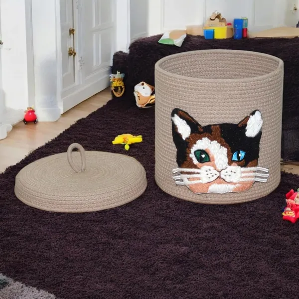 Beige_Cotton_Rope_Storage_Basket_With_Cat_Face_Design_Decorative_Lidded_Container