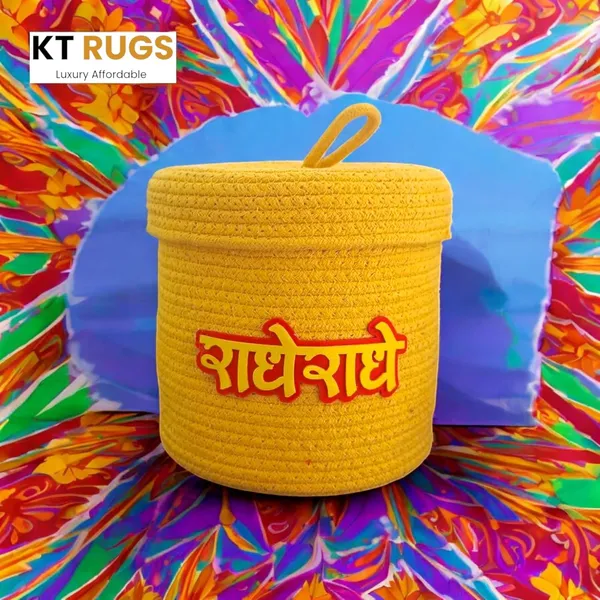 Yellow_Traditional_Radhe_Radhe_Handwoven_Decorative_Storage_Basket_With_Lid_Natural_Cotton_Rope_Hindi_Text_Design