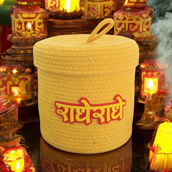 Yellow_Traditional_Radhe_Radhe_Handwoven_Decorative_Storage_Basket_With_Lid_Natural_Cotton_Rope_Hindi_Text_Design