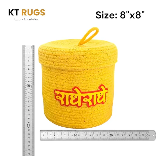 Yellow_Traditional_Radhe_Radhe_Handwoven_Decorative_Storage_Basket_With_Lid_Natural_Cotton_Rope_Hindi_Text_Design