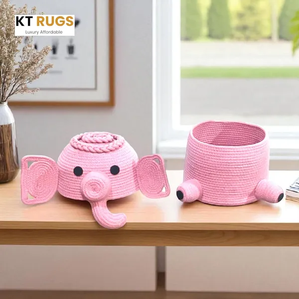 Pink_Cute_Elephant_Storage_Basket_Pink_Cotton_Rope_Decorative_Nursery_Organiser