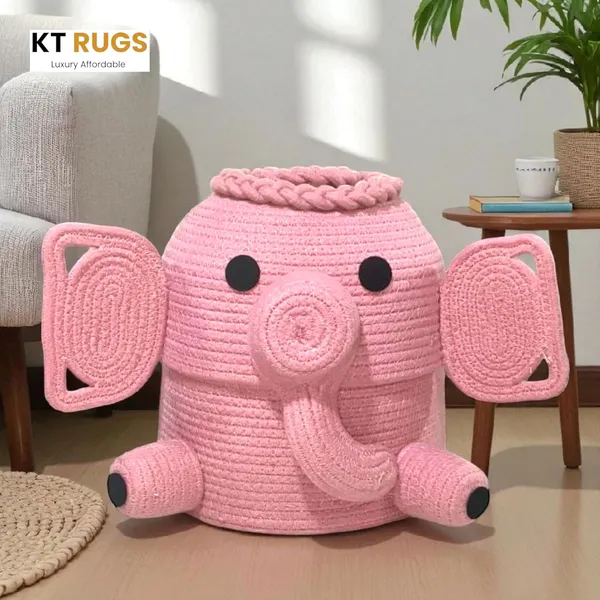 Pink_Cute_Elephant_Storage_Basket_Pink_Cotton_Rope_Decorative_Nursery_Organiser