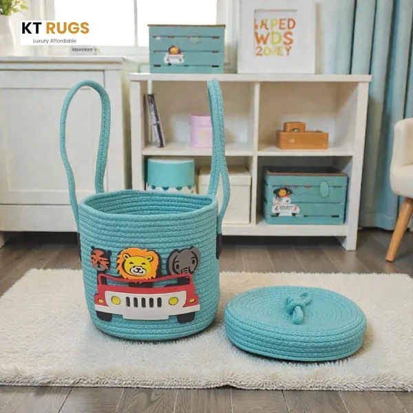 Aqua_Green_Jungle_Safari_Themed_Storage_Basket_With_Lid_And_Handles_26_Liter_Capacity_Kids_Toy_Organizer