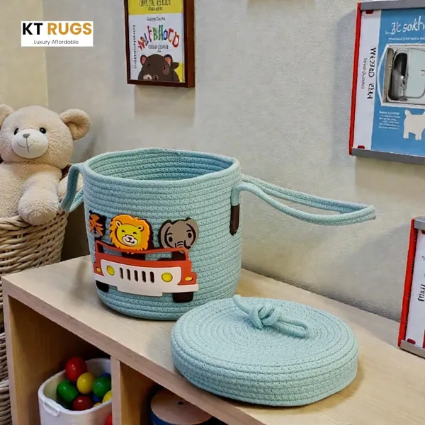 Aqua_Green_Jungle_Safari_Themed_Storage_Basket_With_Lid_And_Handles_26_Liter_Capacity_Kids_Toy_Organizer