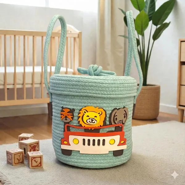 Aqua_Green_Jungle_Safari_Themed_Storage_Basket_With_Lid_And_Handles_26_Liter_Capacity_Kids_Toy_Organizer