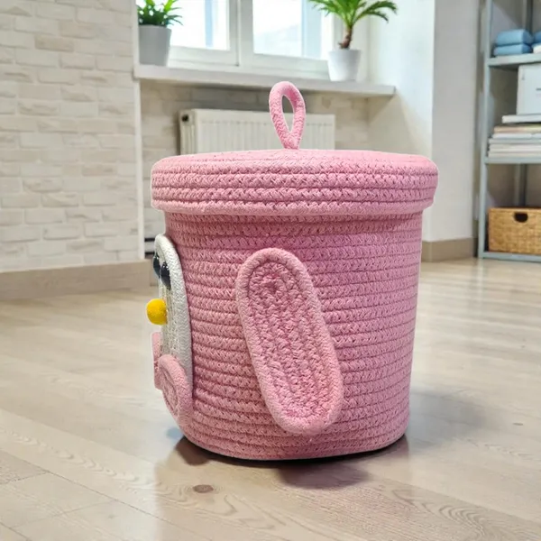 Pink_Penguin_Rope_Storage_Basket_With_Lid_Pink_Multipurpose_Cute_Design_Organiser