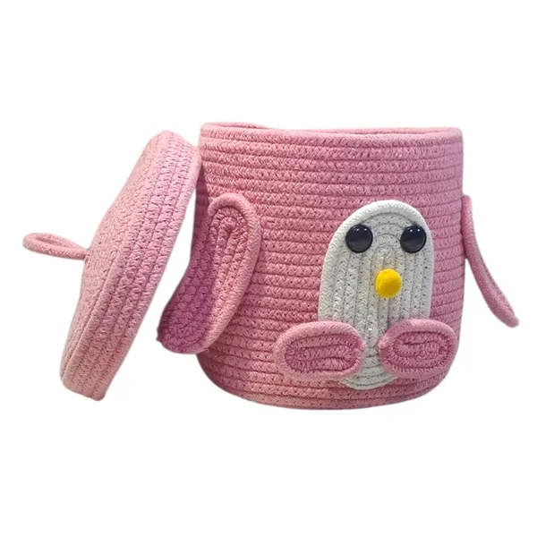 Pink_Penguin_Rope_Storage_Basket_With_Lid_Pink_Multipurpose_Cute_Design_Organiser